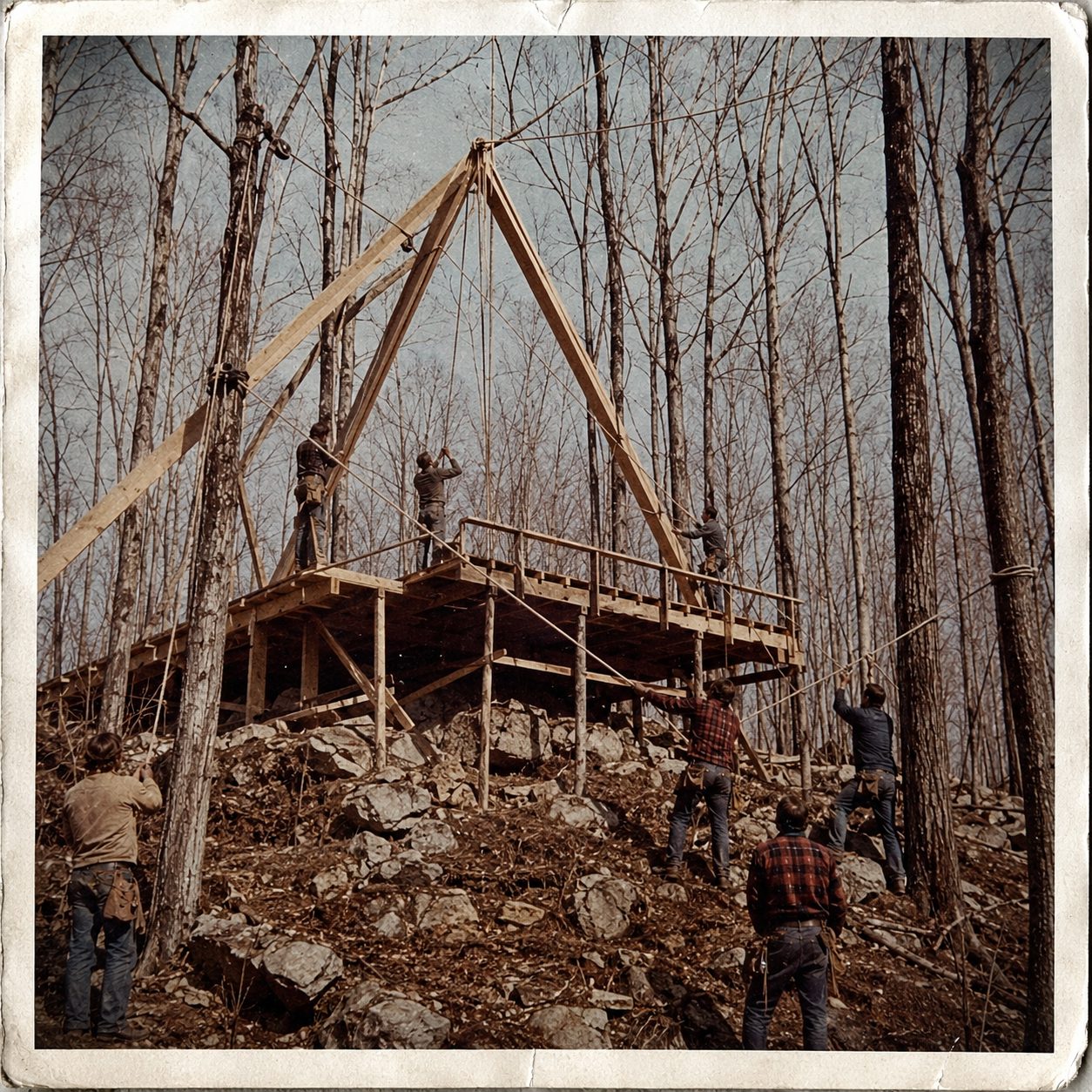 1970s photograph of the first A-frame trusses being raised
