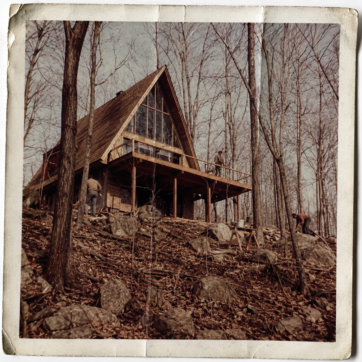 1970s photograph of the A-frame with windows installed