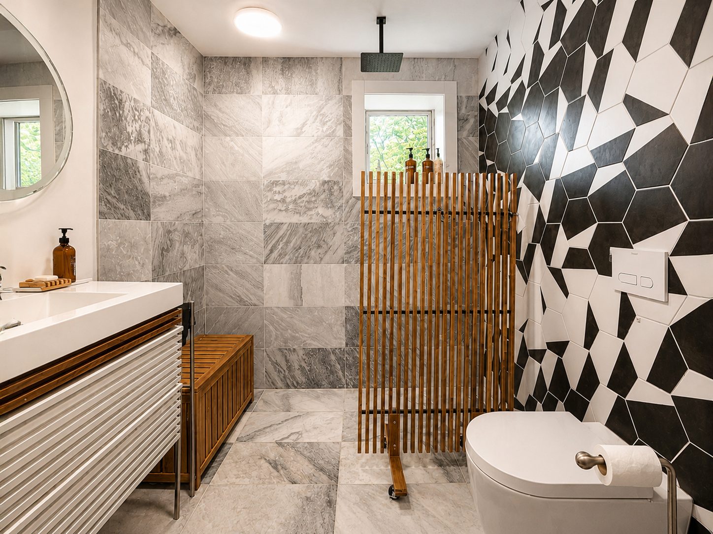 Bathroom with black and white geometric tile and cedar screen