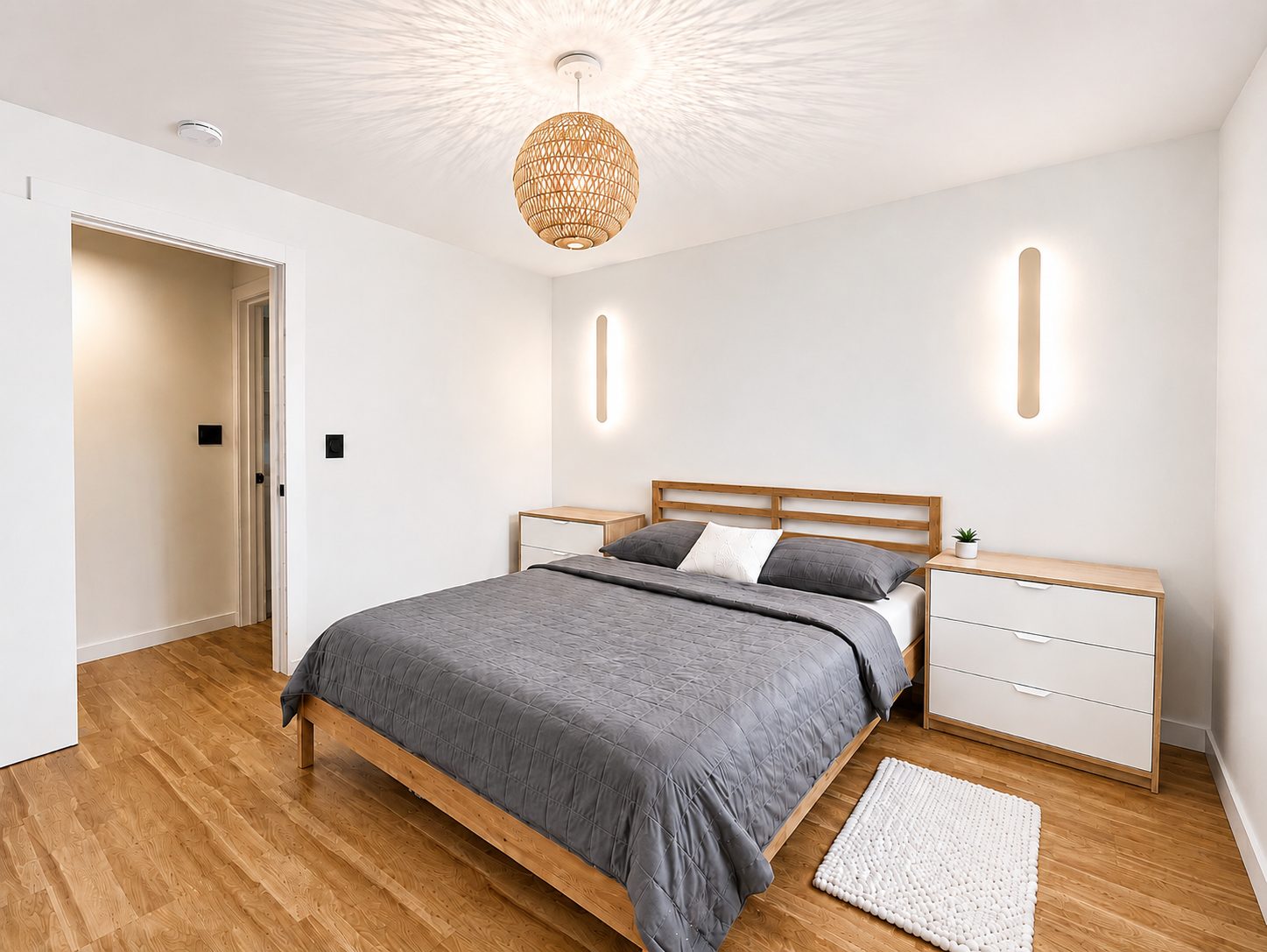 Bedroom with wood bed frame, dresser and woven pendant light