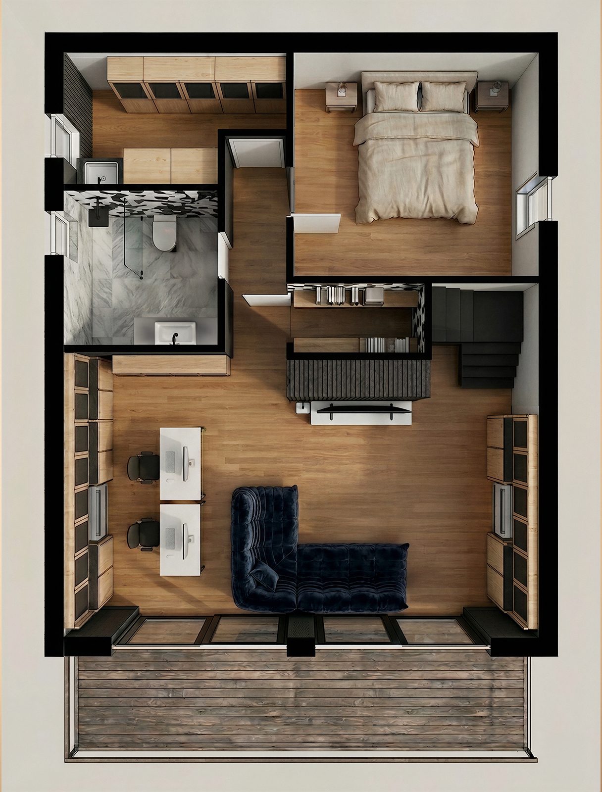 Rendered floor plan of the lower level