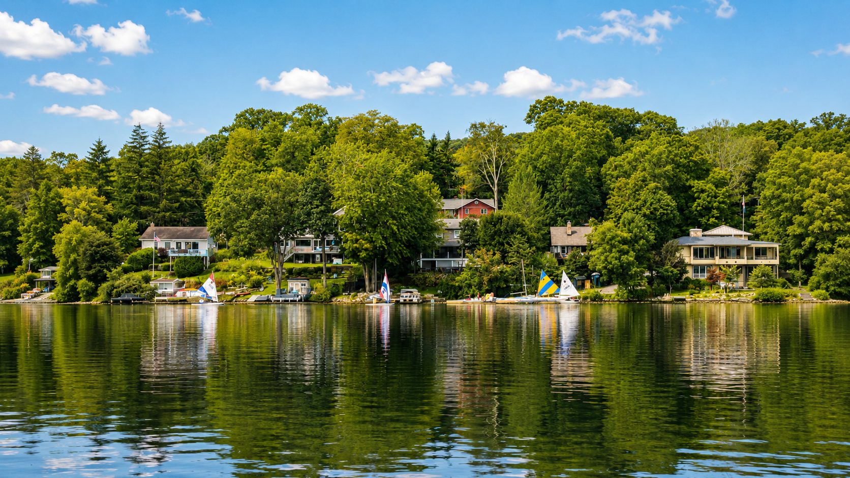 Sailboats moored along the tree-lined lake shore