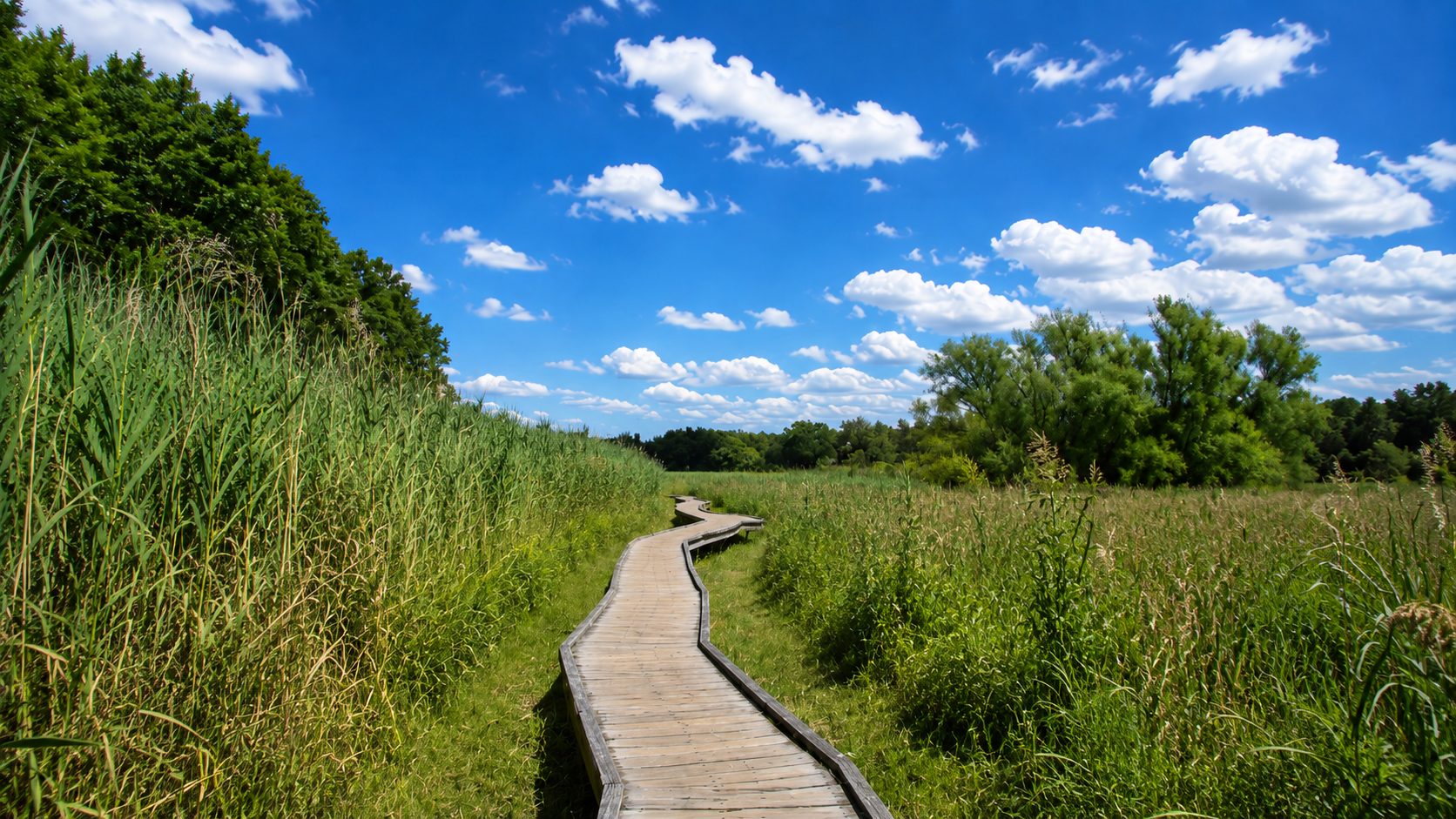 Wooden boardwalk trail through tall green marsh grass