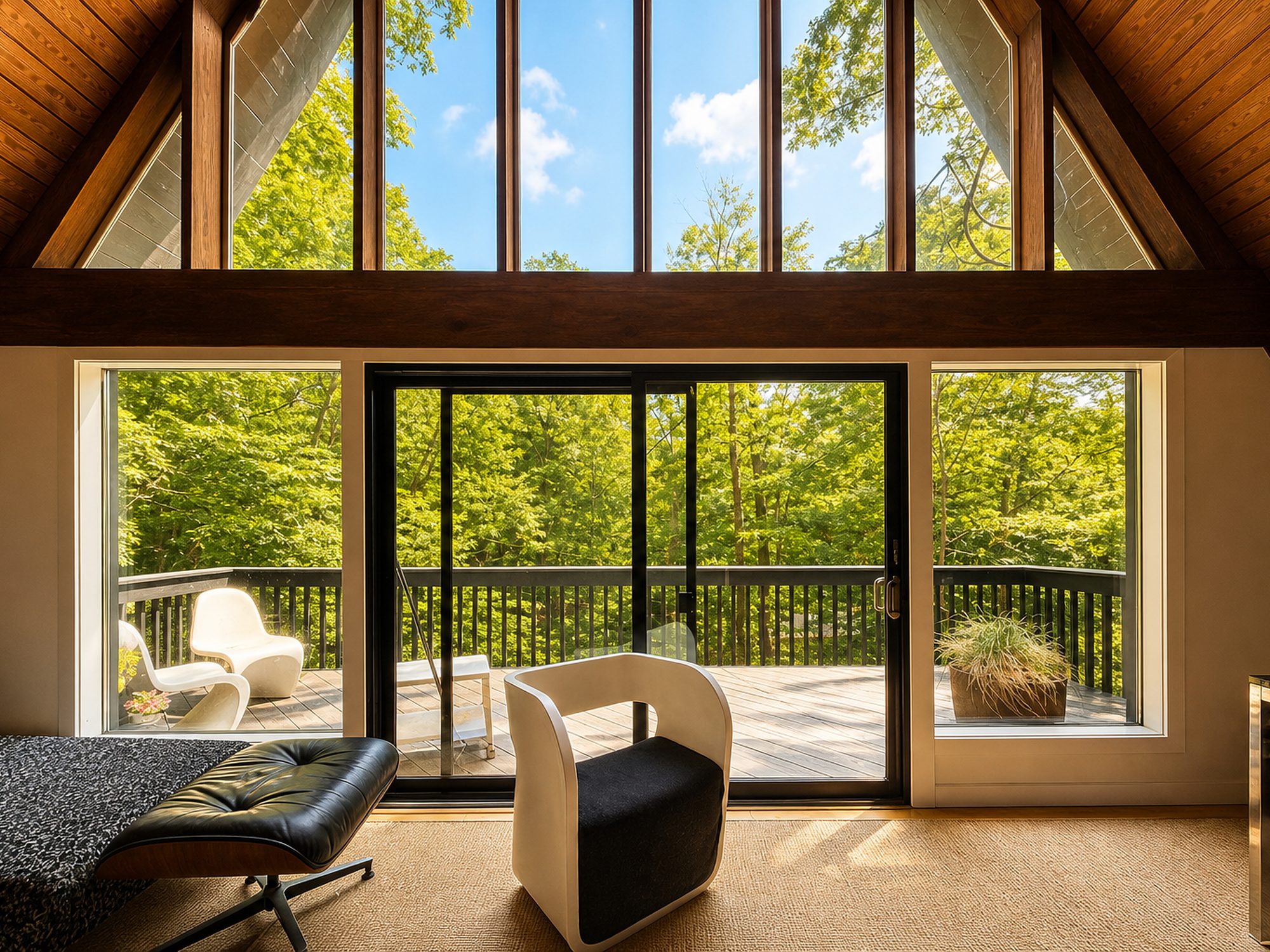 Reading chairs by the glass wall overlooking the deck