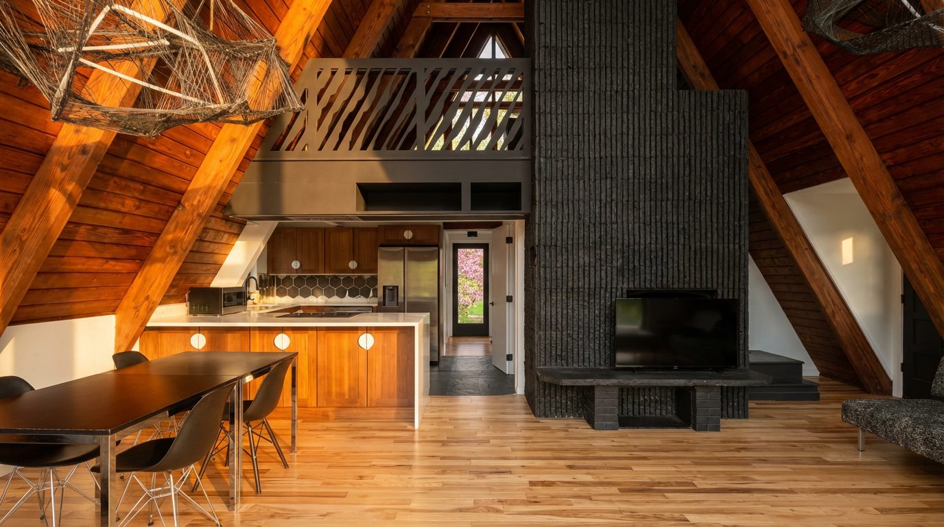 Open living room with cathedral cedar ceiling, black chimney and kitchen beyond