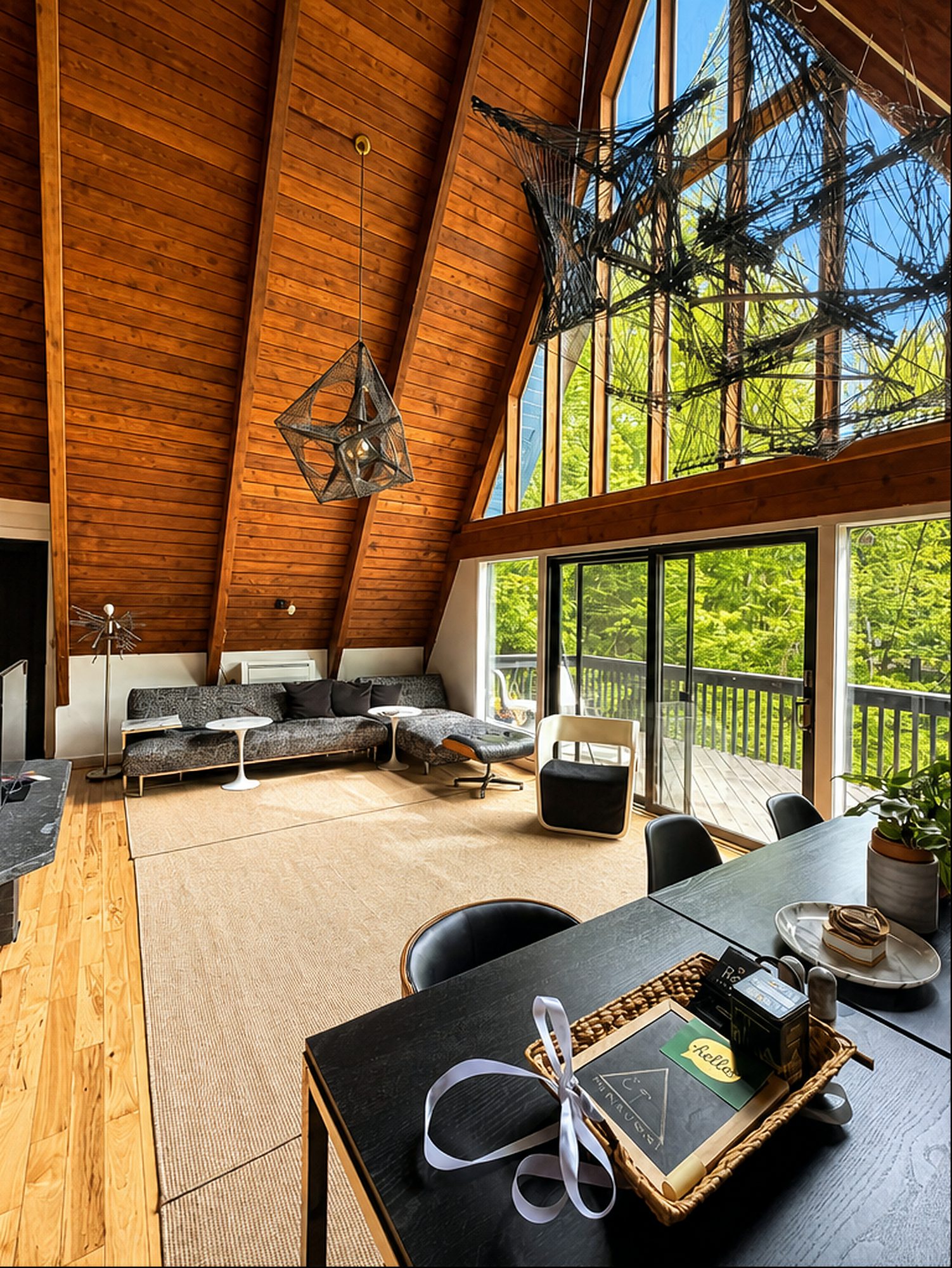 Sunlit living room with sofa and wall of windows