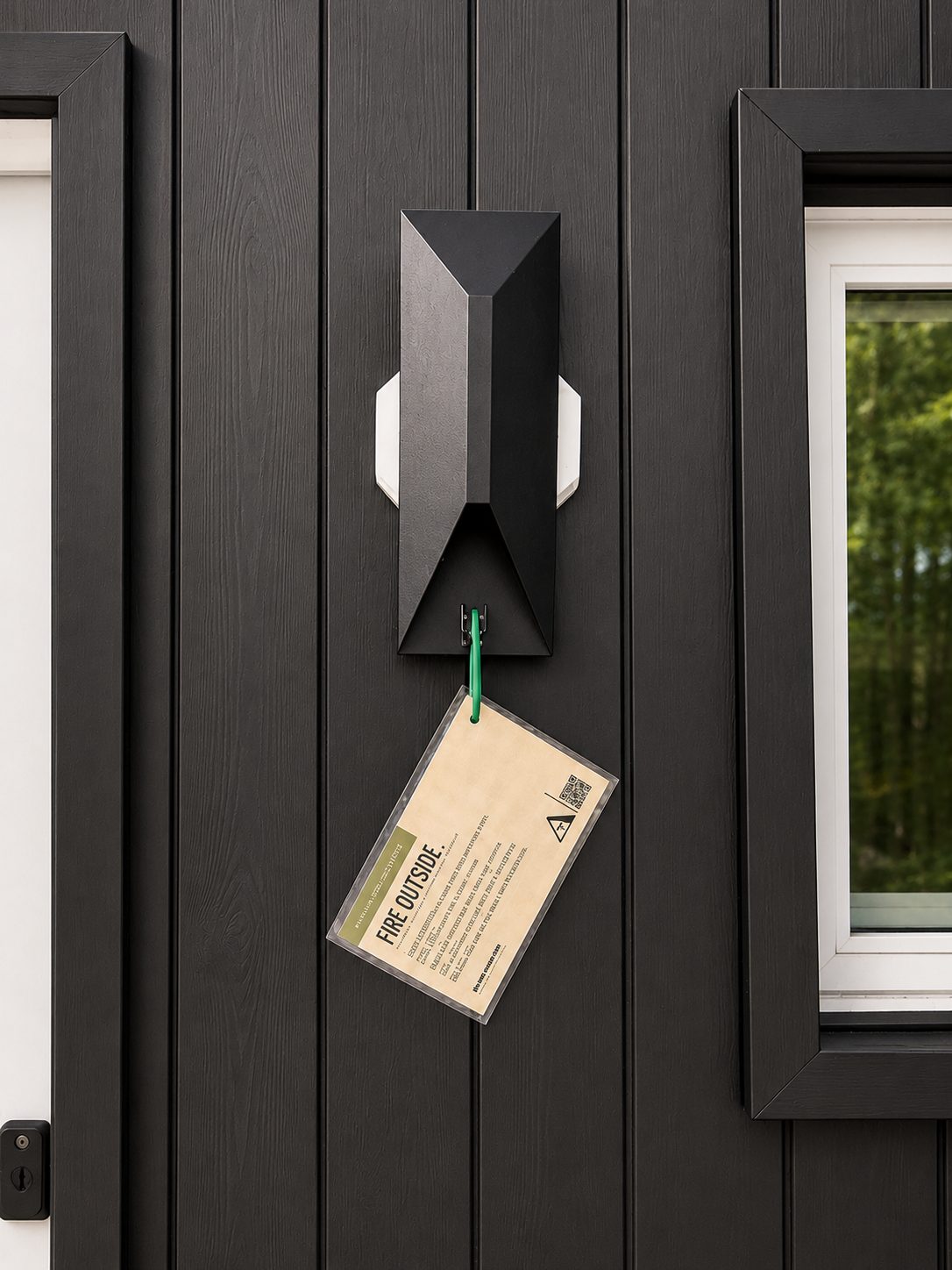Black board-and-batten siding with an angular sconce and welcome tag