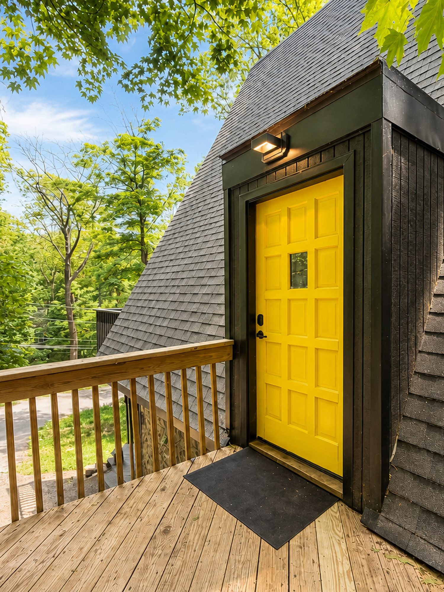 Yellow front door of the black A-frame