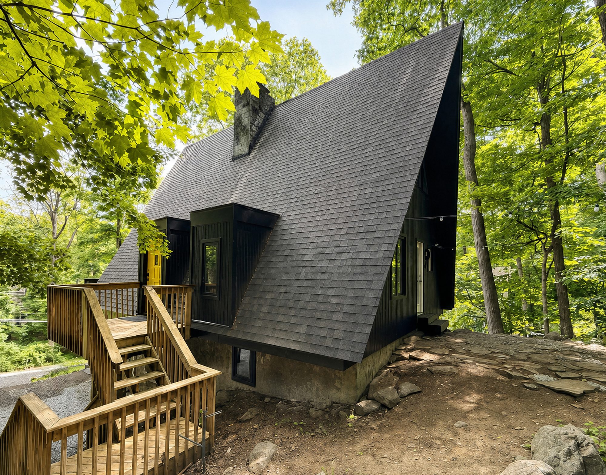 Casa Trigono, a black-shingled A-frame house in the woods of Highland Lakes, New Jersey